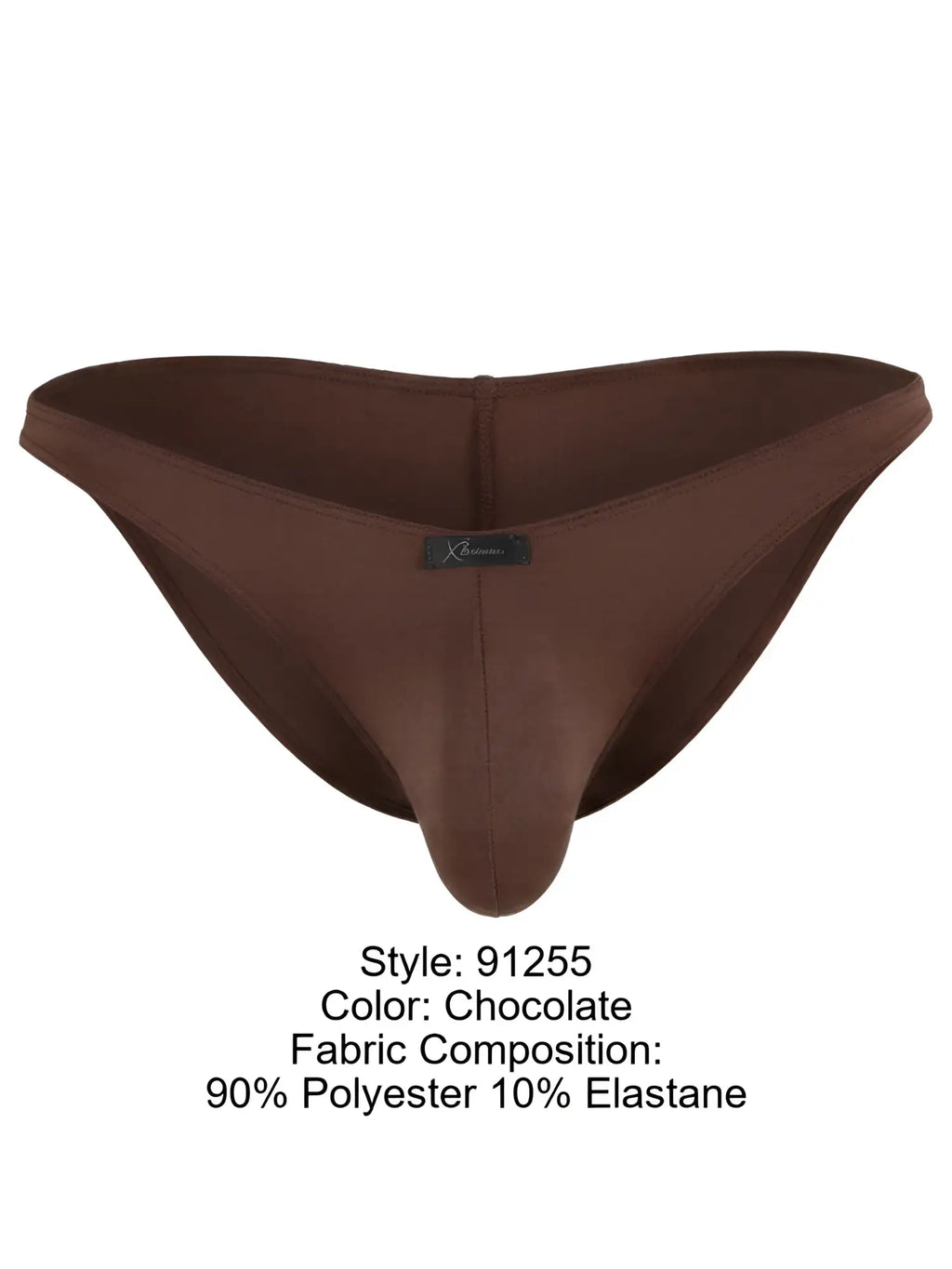 Xtremen chocolate brown bikini underwear with a center-front brand logo patch, isolated against a white background.
