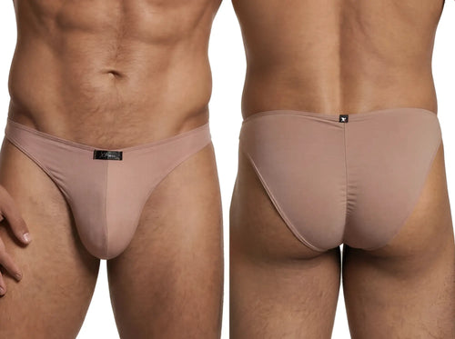Xtremen men's tan bikini underwear, shown from front and back views with a branded logo tag.