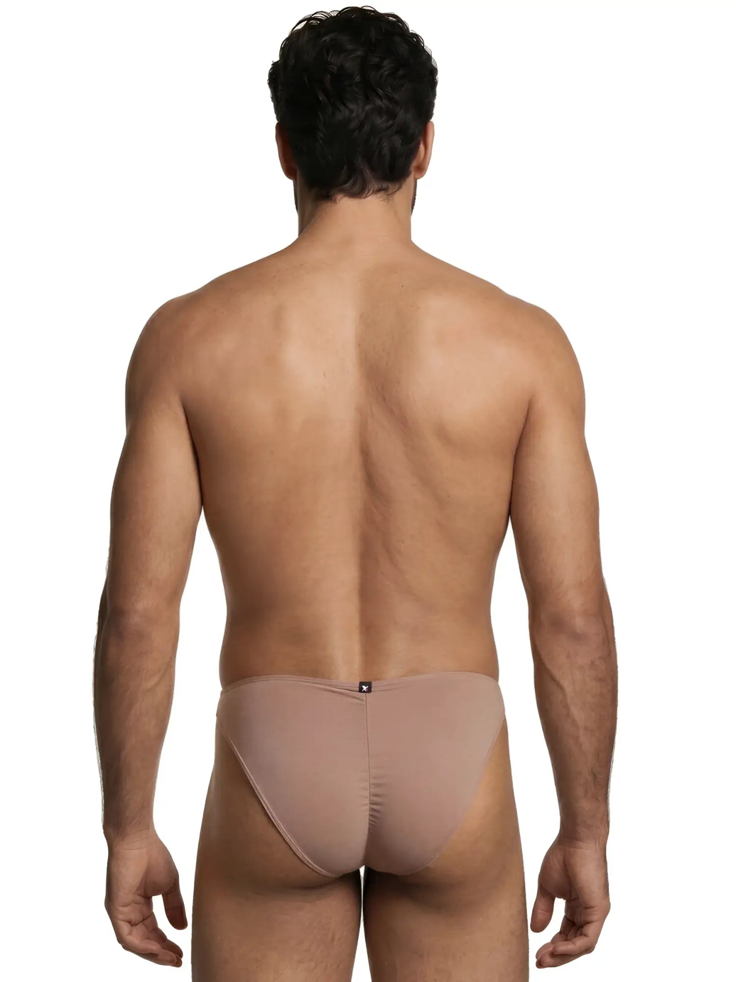 Xtremen men's beige bikini underwear, rear view on a model.