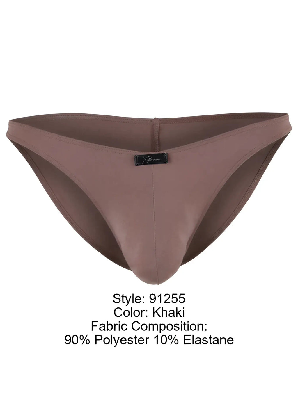 Xtremen khaki bikini underwear with a front center logo tag, isolated on white.