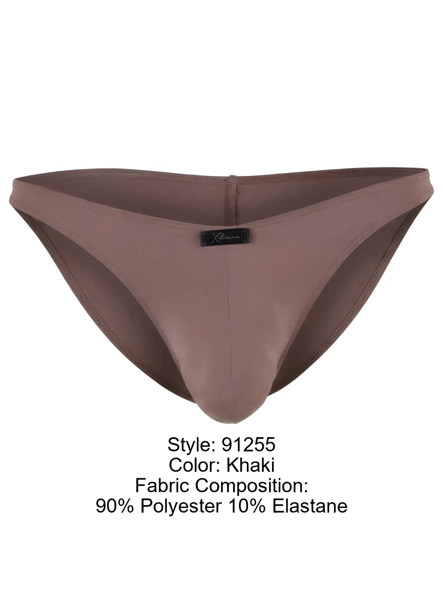 Xtremen khaki bikini underwear with a front center logo tag, isolated on white.