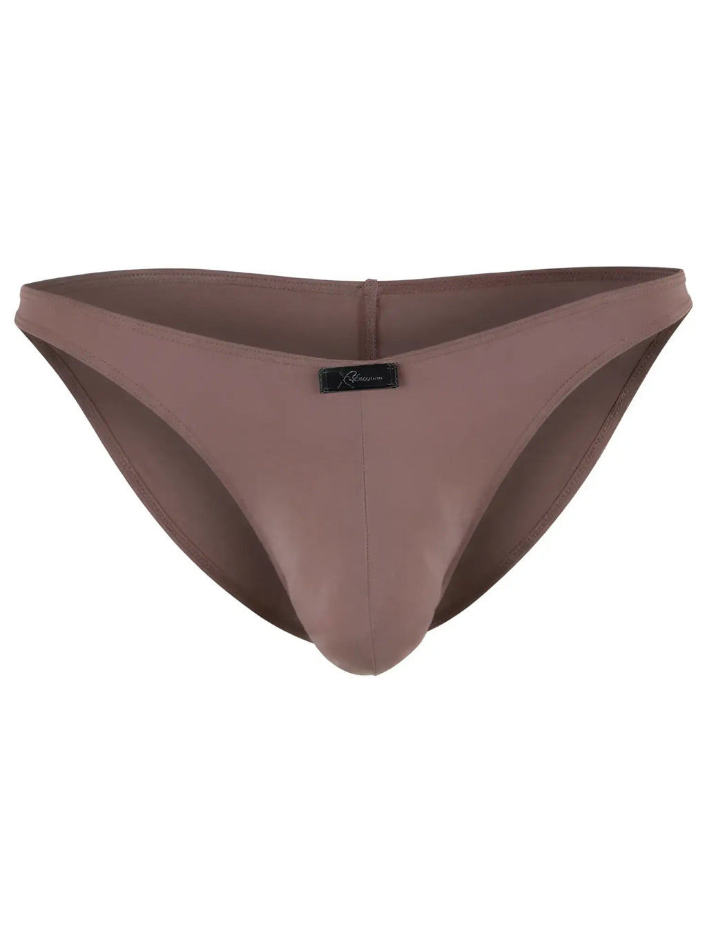 Xtremen brown bikini underwear with a centered branded logo patch.