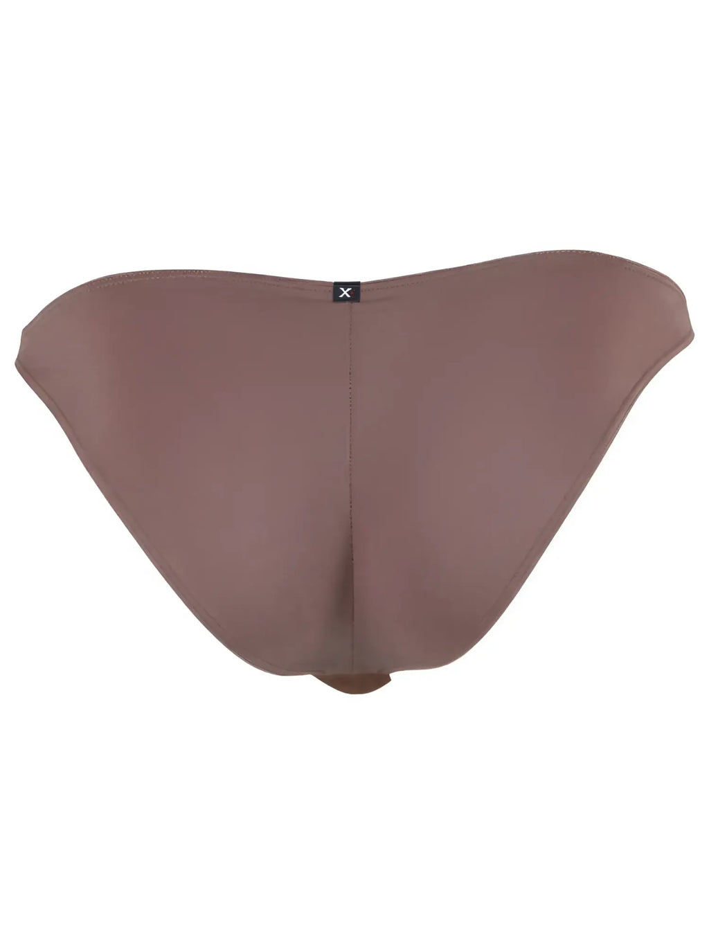 Xtremen men's brown bikini underwear back view with center seam and logo tag.