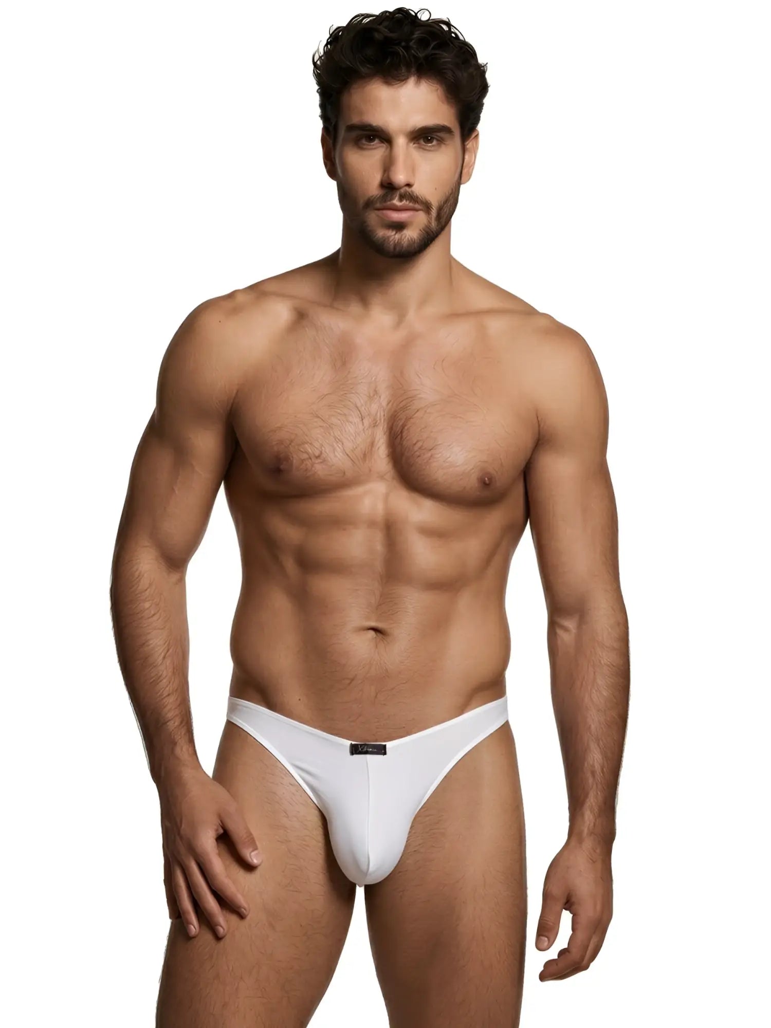 Model wearing a white Xtremen bikini-style underwear with a small logo tag on the front waistband.