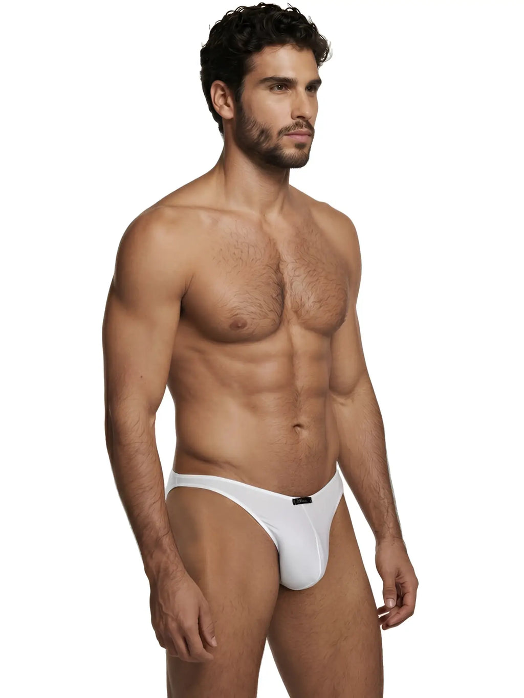 Model wearing a solid white Xtremen bikini style underwear, shown from a side-profile view.