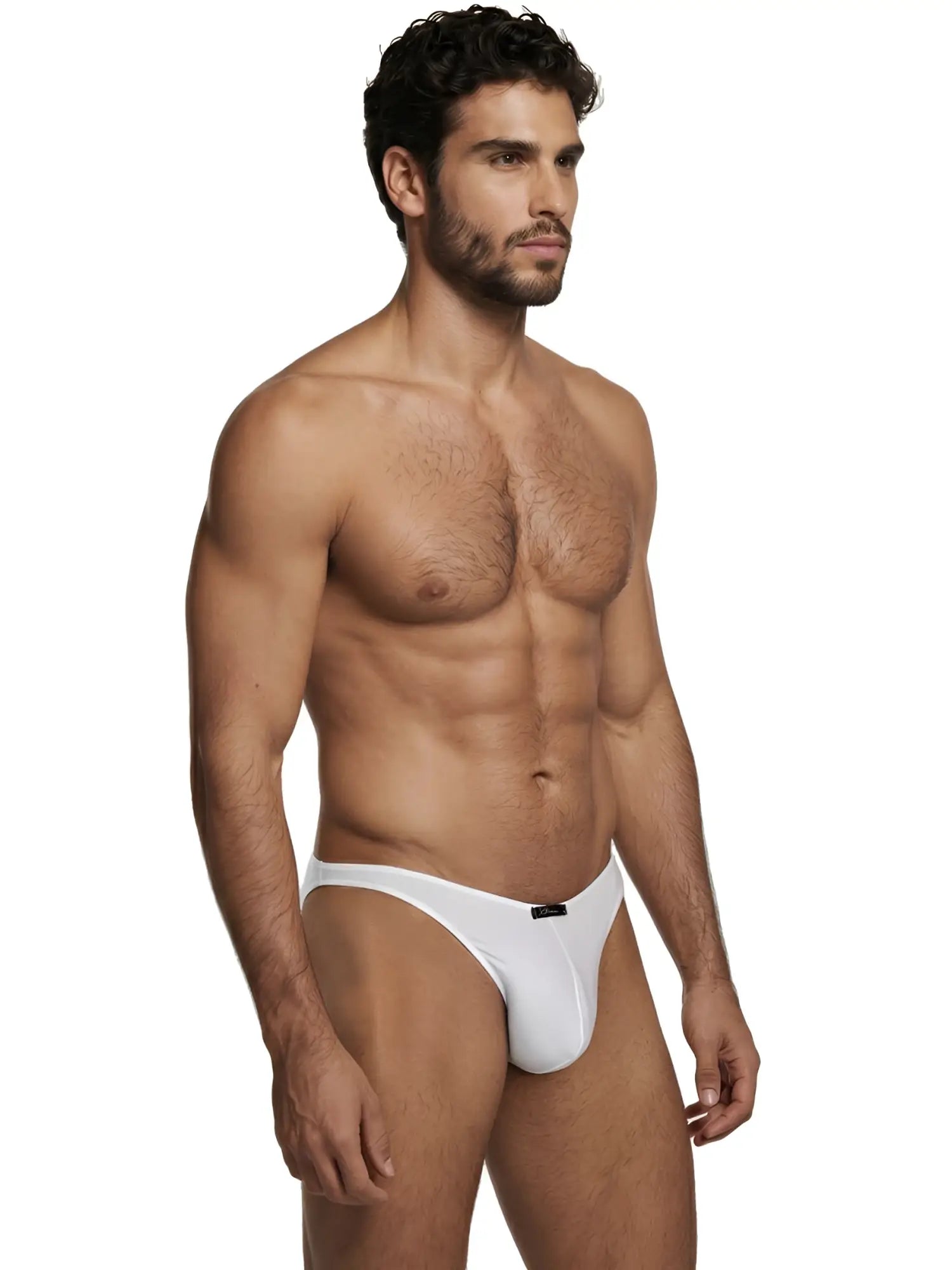 Model wearing a solid white Xtremen bikini style underwear, shown from a side-profile view.