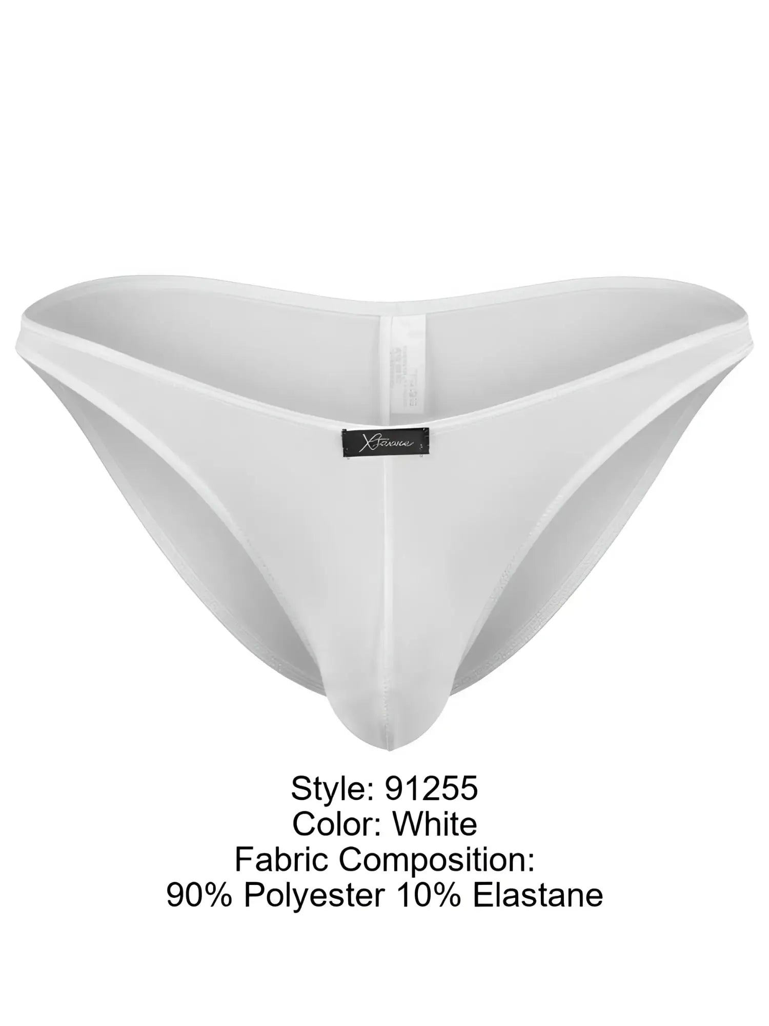 Xtremen white men's bikini underwear with a small black brand logo tag centered on the front waistband.