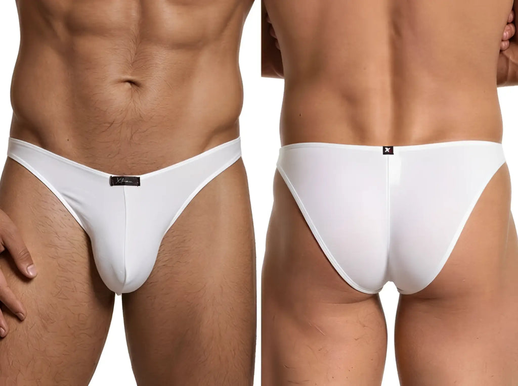 Xtremen white bikini underwear shown from front and back views on a male model.