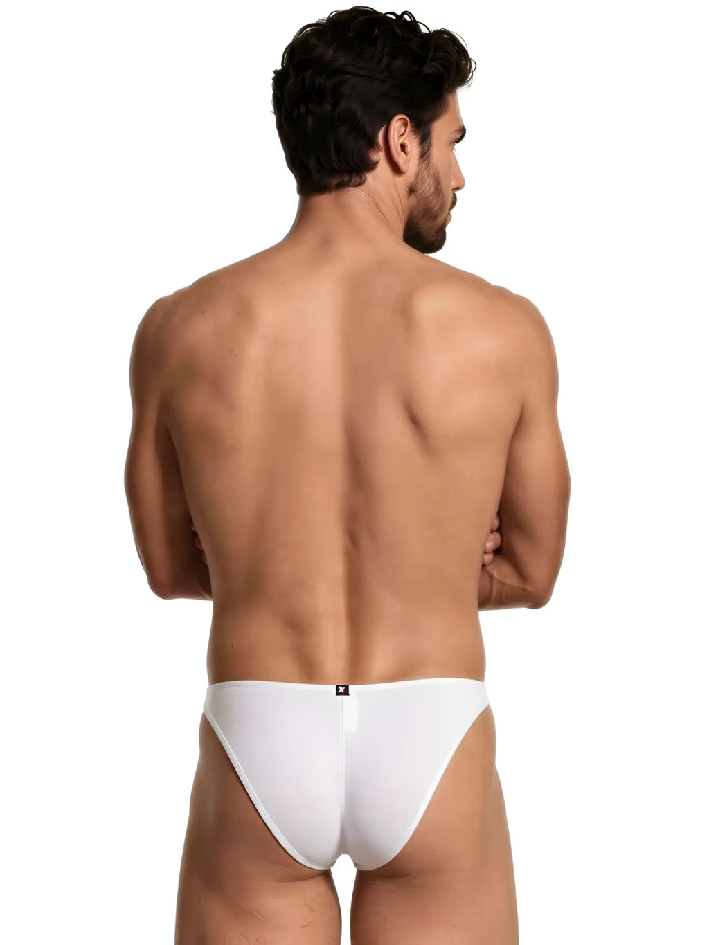 Xtremen men’s white bikini underwear, shown from the back on a male model.