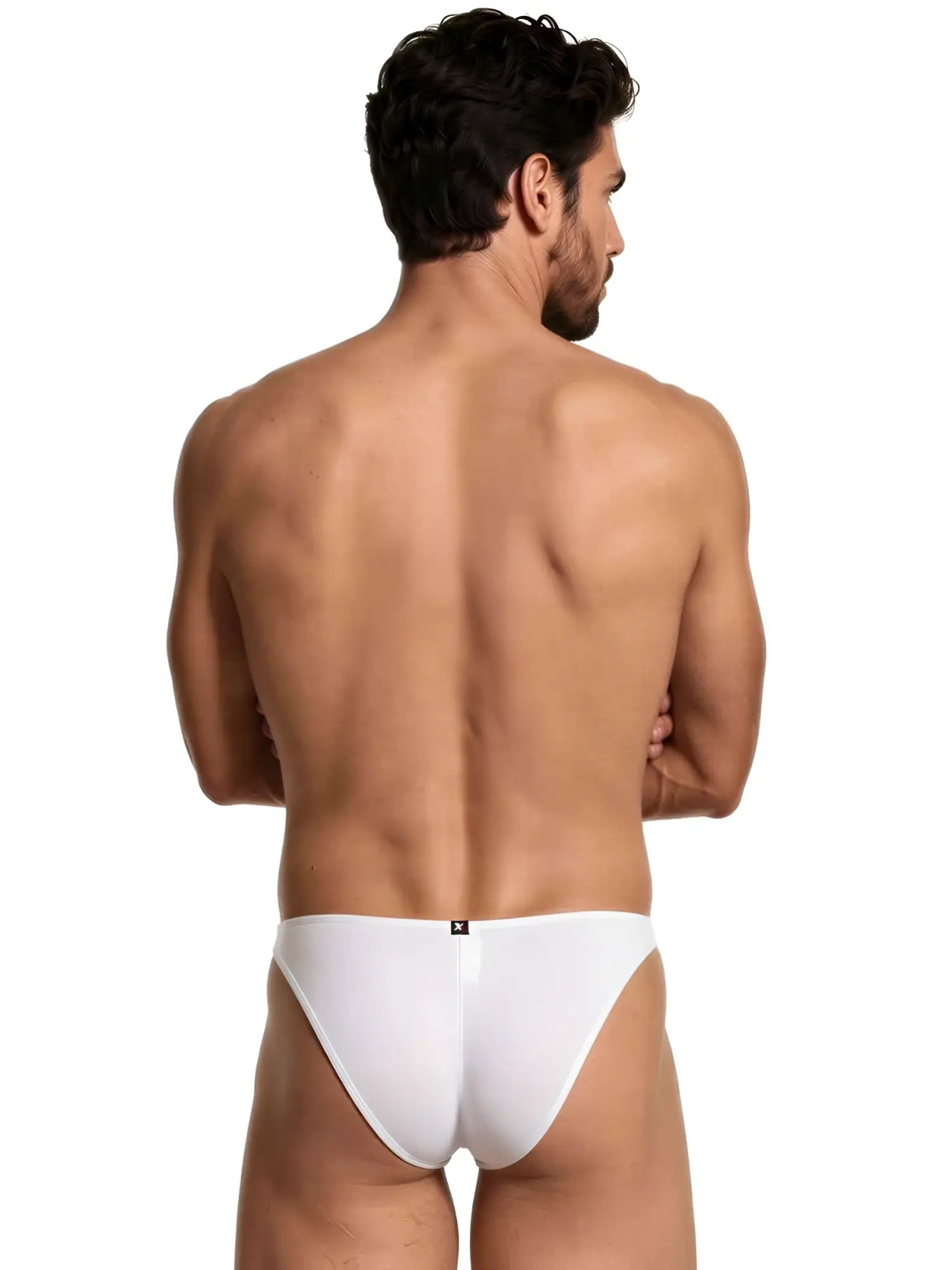 Xtremen men’s white bikini underwear, shown from the back on a male model.