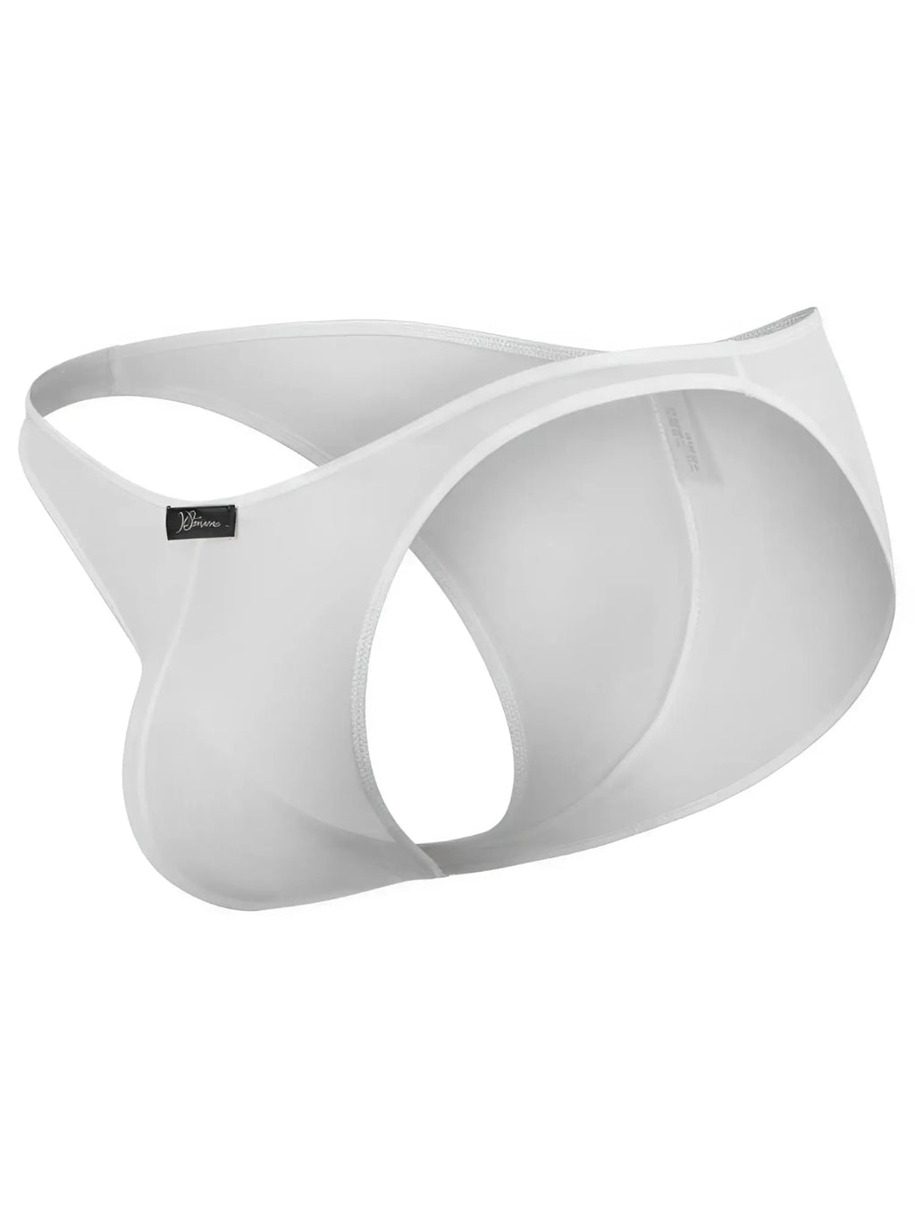 White Xtremen men’s open-back bikini underwear with a small black brand logo tag.