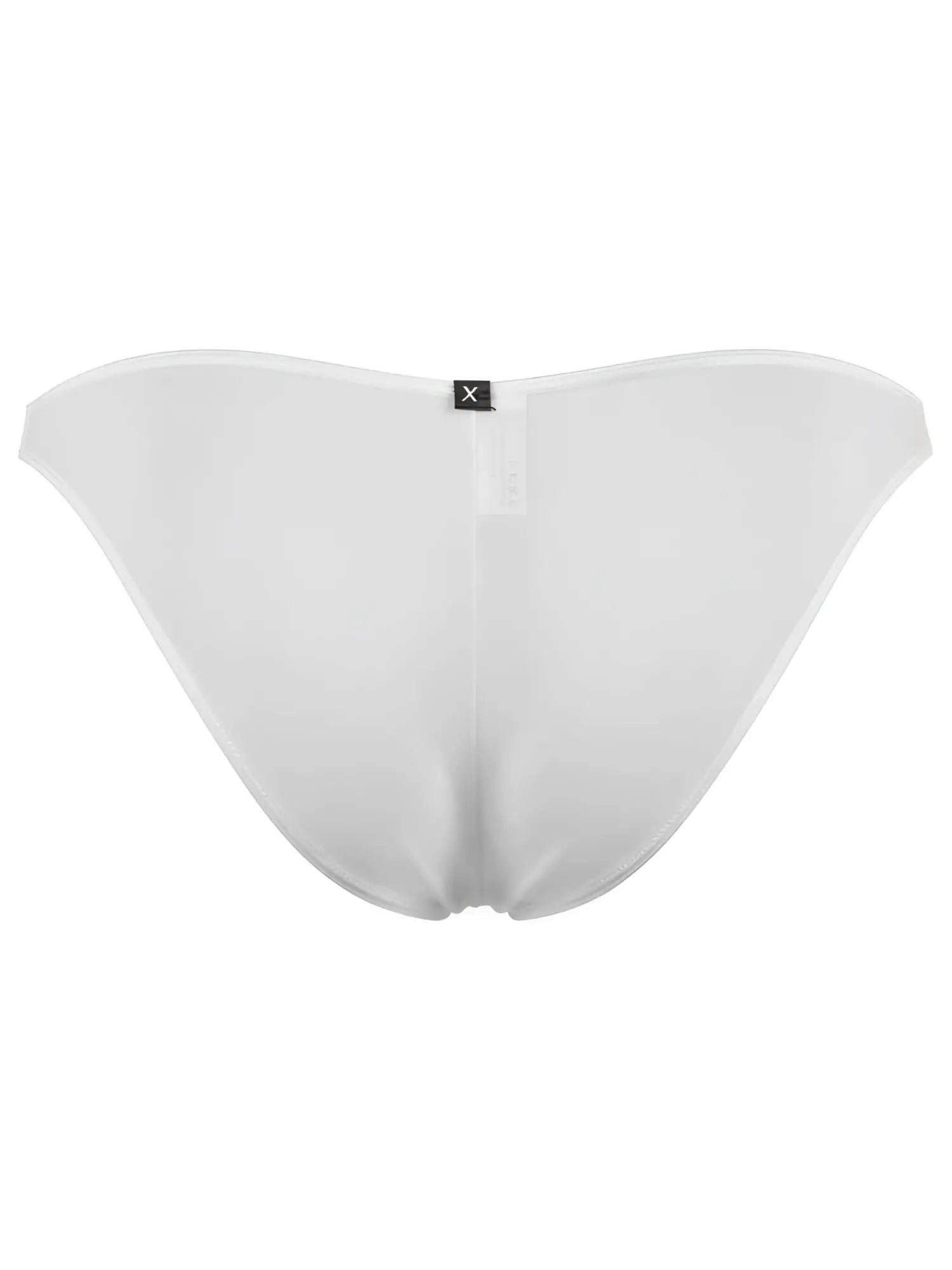 White Xtremen men's bikini underwear, back view, featuring a center brand tag.