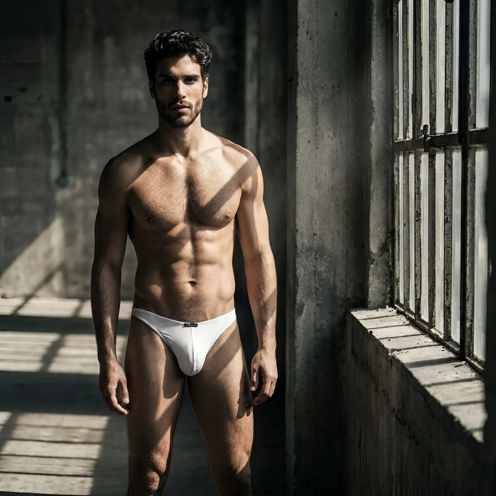 A fit man standing in a sunlit room wears white Xtremen bikini underwear.