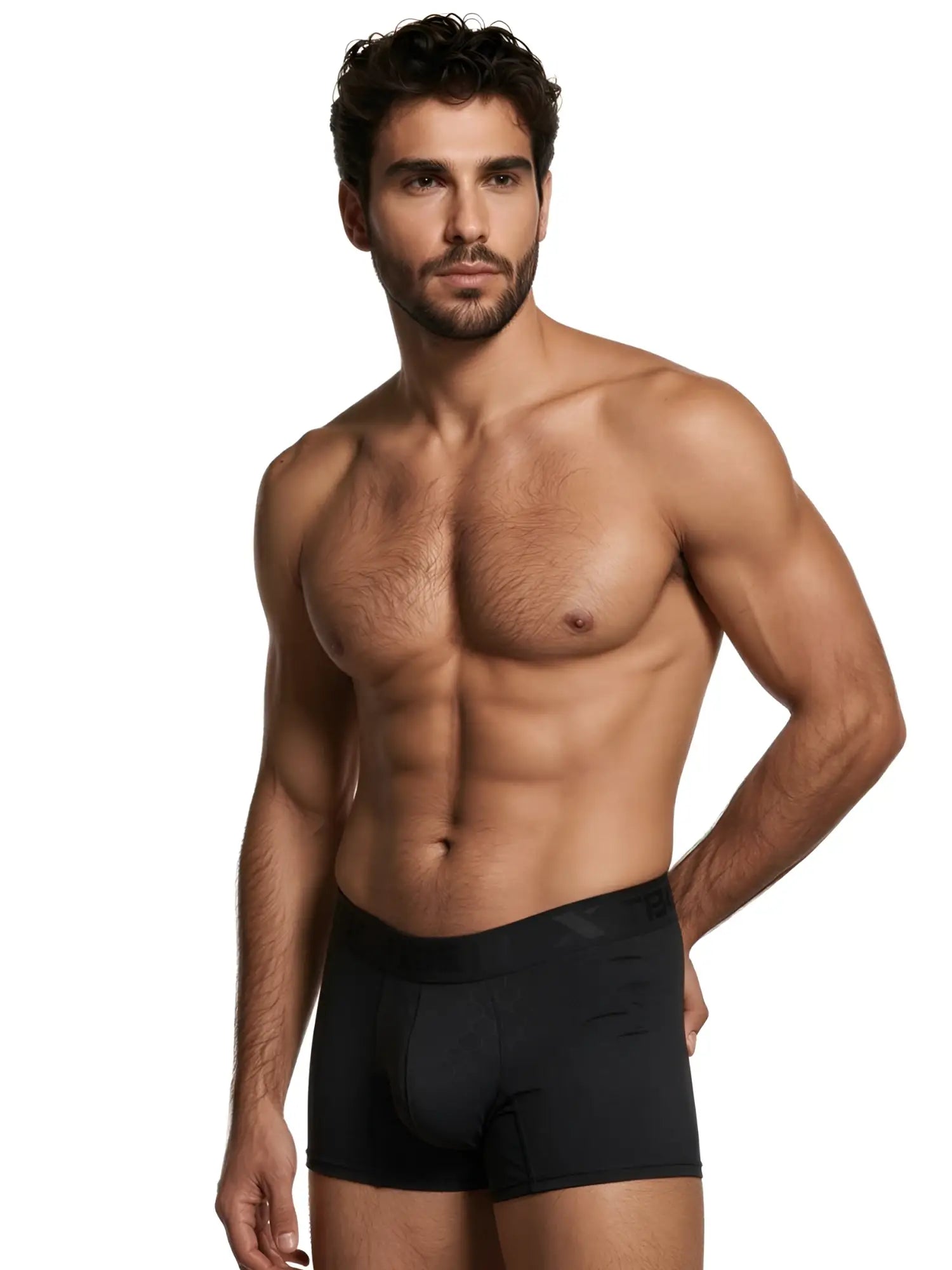 Xtremen black boxer briefs with a subtle geometric honeycomb pattern and branded elastic waistband on a male model.