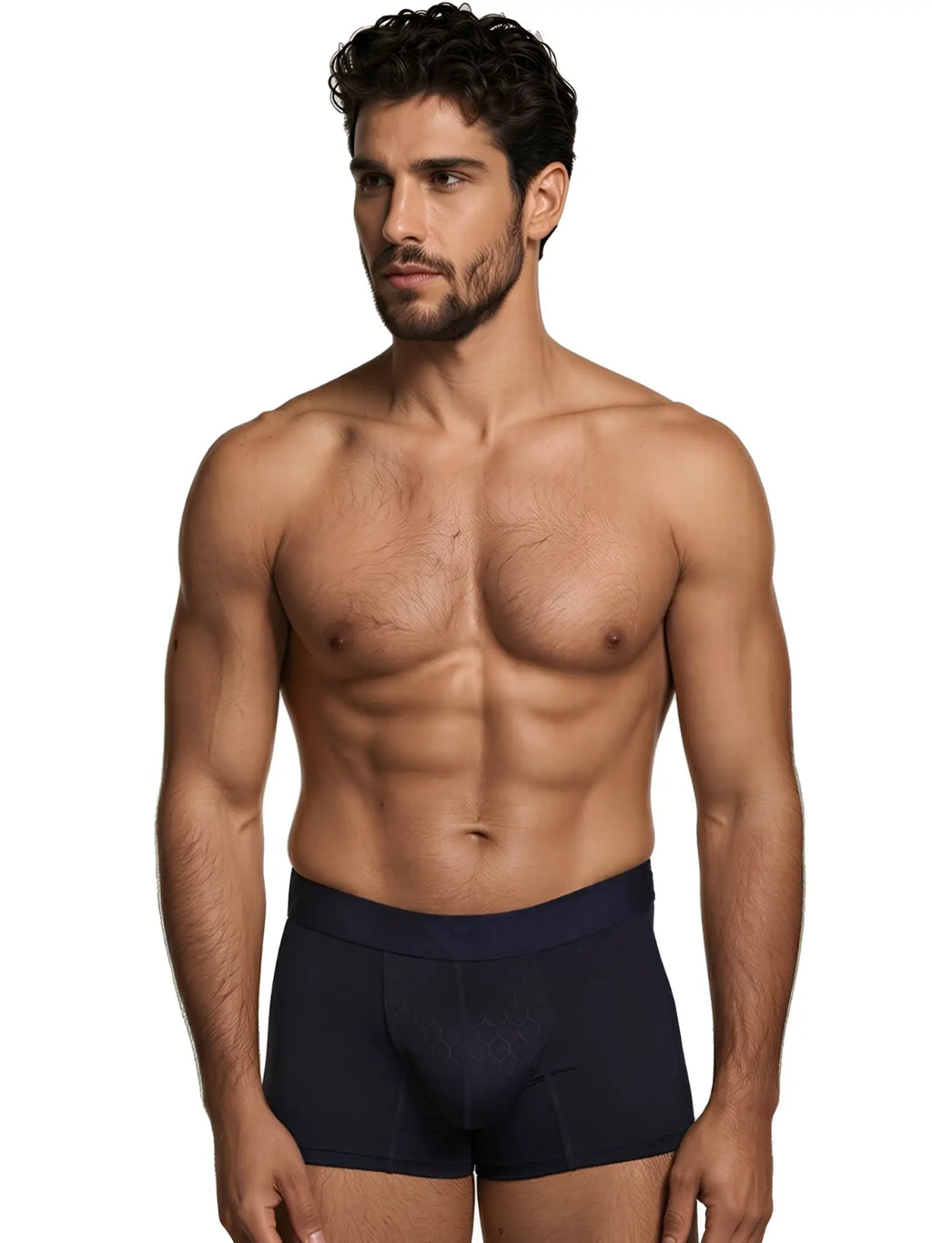 Xtremen navy blue boxer briefs with a subtle hexagonal pattern worn by a muscular man.