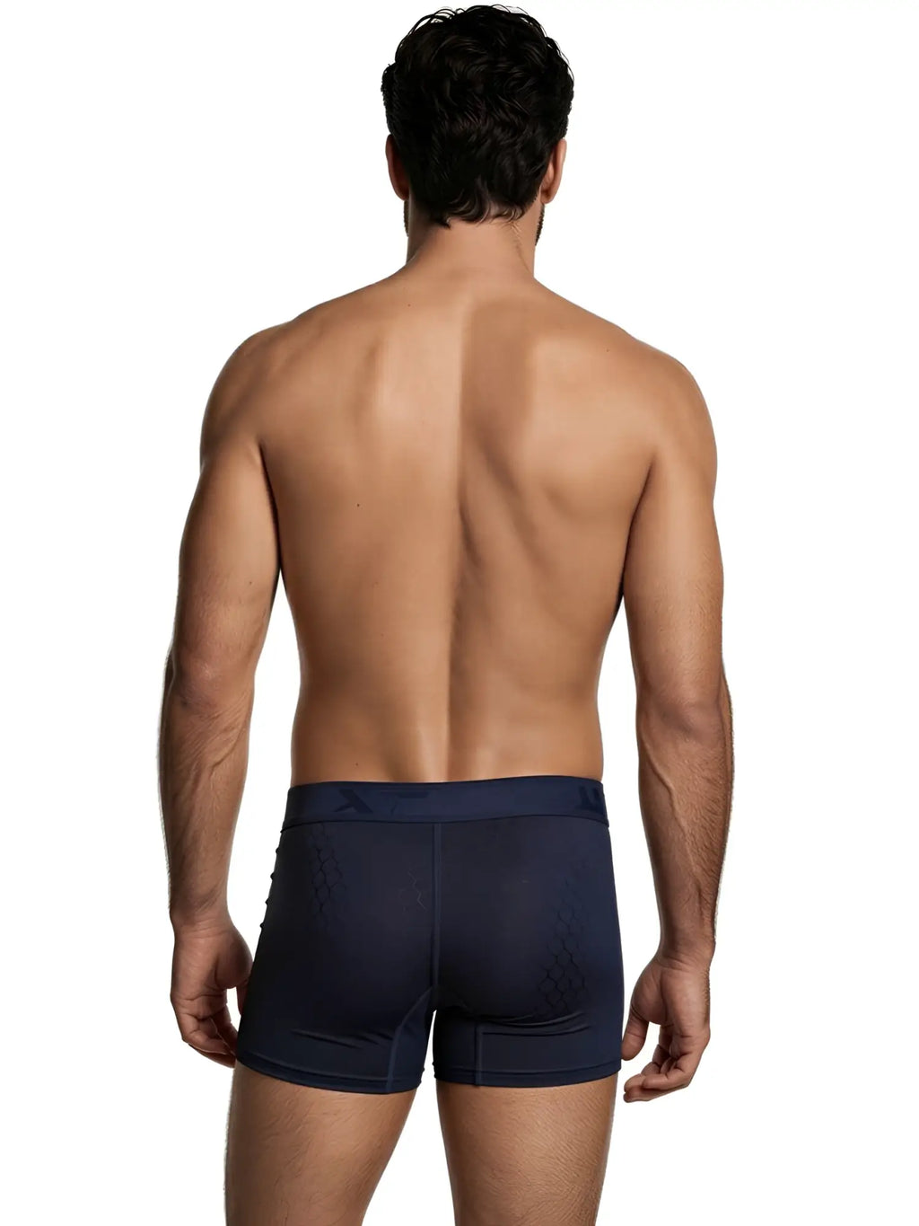 Back view of a man wearing navy Xtremen boxer briefs with a subtle honeycomb pattern and branded waistband.