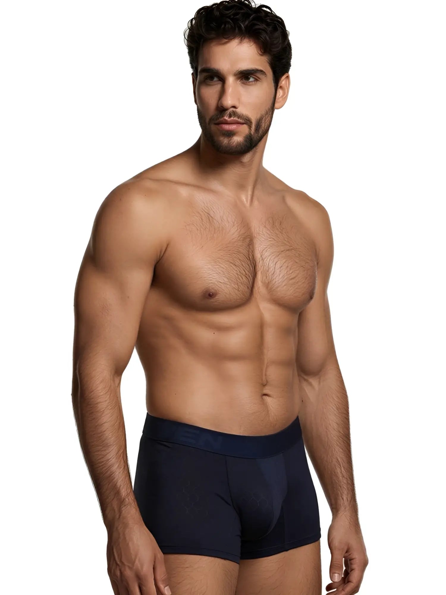 Model wearing navy blue Xtremen boxer briefs featuring a subtle tonal honeycomb pattern.