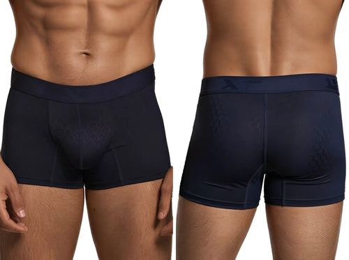 Xtremen navy blue boxer briefs with a subtle honeycomb pattern and branded elastic waistband. Front and back view.