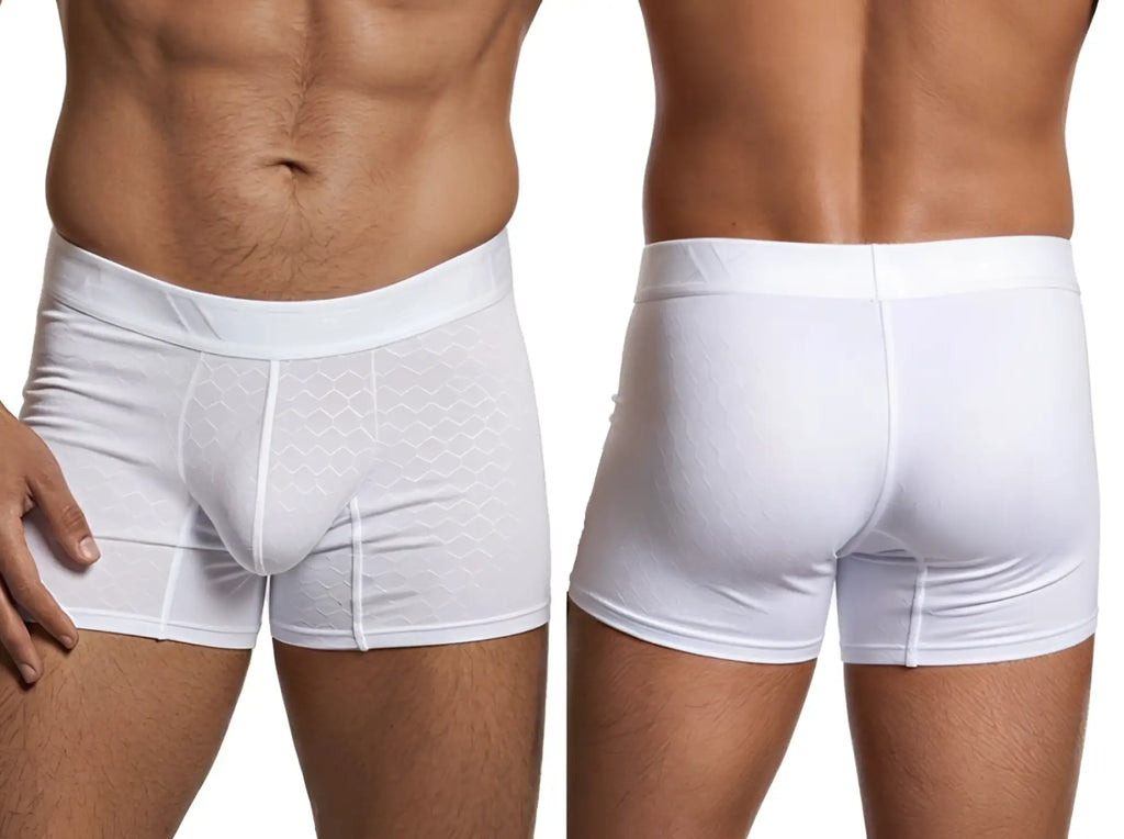 Xtremen white boxer briefs with a subtle geometric honeycomb pattern, shown from front and back views.