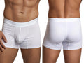 Xtremen white boxer briefs with a subtle geometric honeycomb pattern, shown from front and back views.