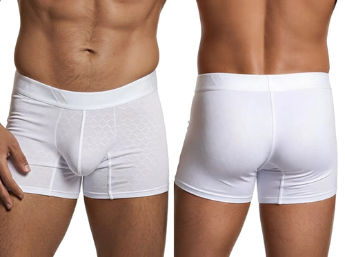Xtremen white boxer briefs with a subtle geometric honeycomb pattern, shown from front and back views.