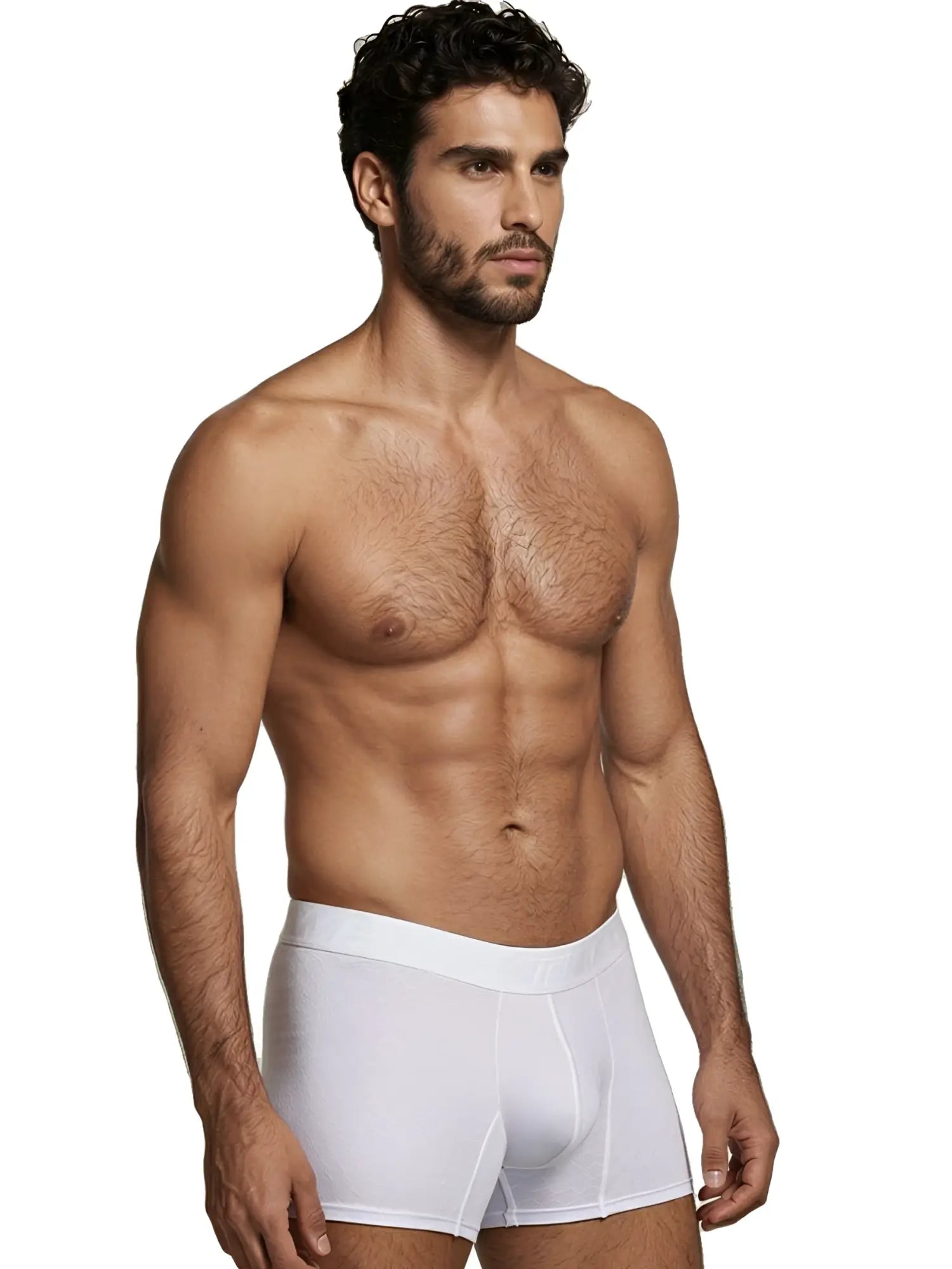 Xtremen white patterned boxer briefs on a muscular man.