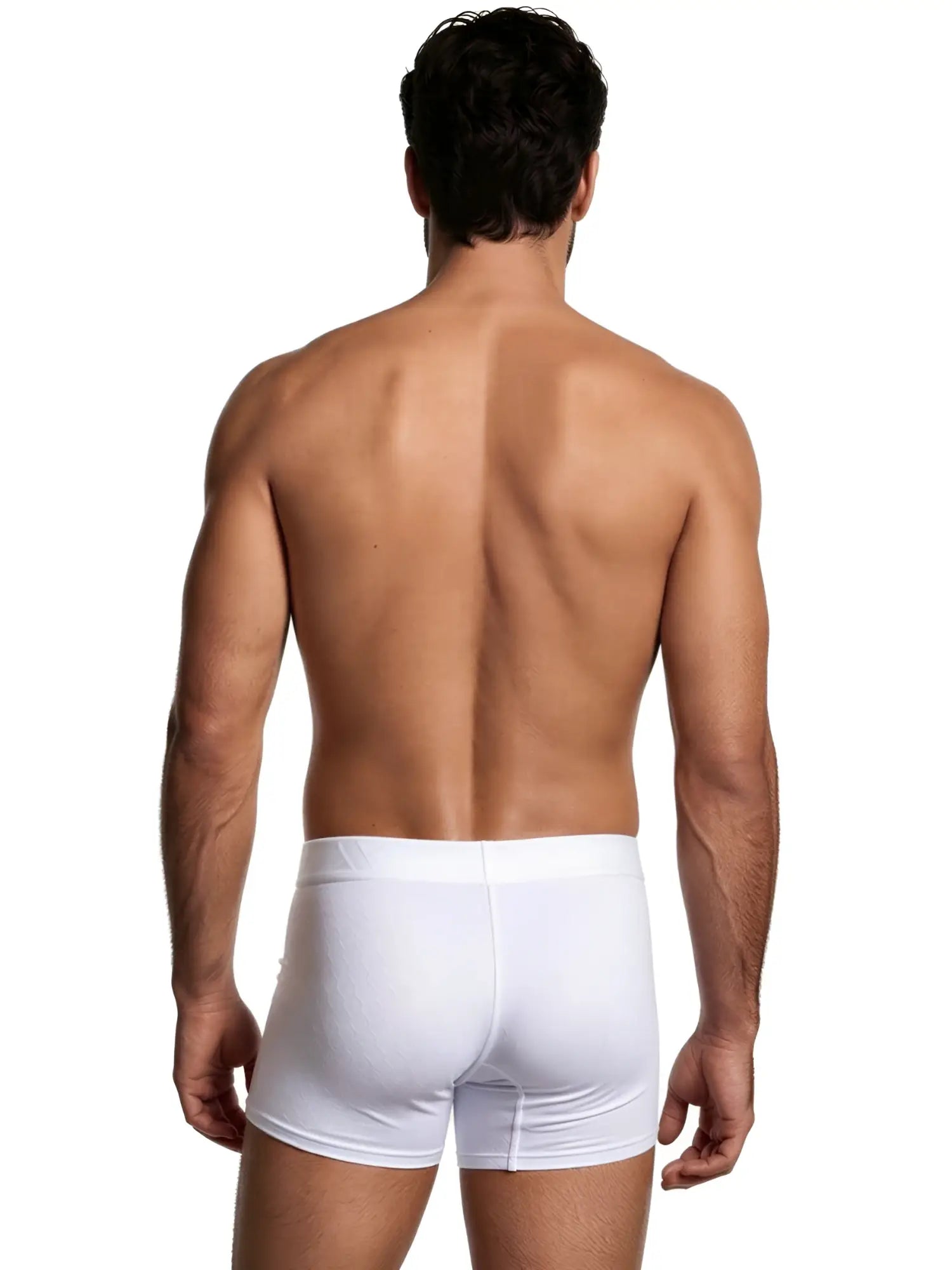 Back view of a man wearing white Xtremen boxer briefs with a subtle geometric pattern.
