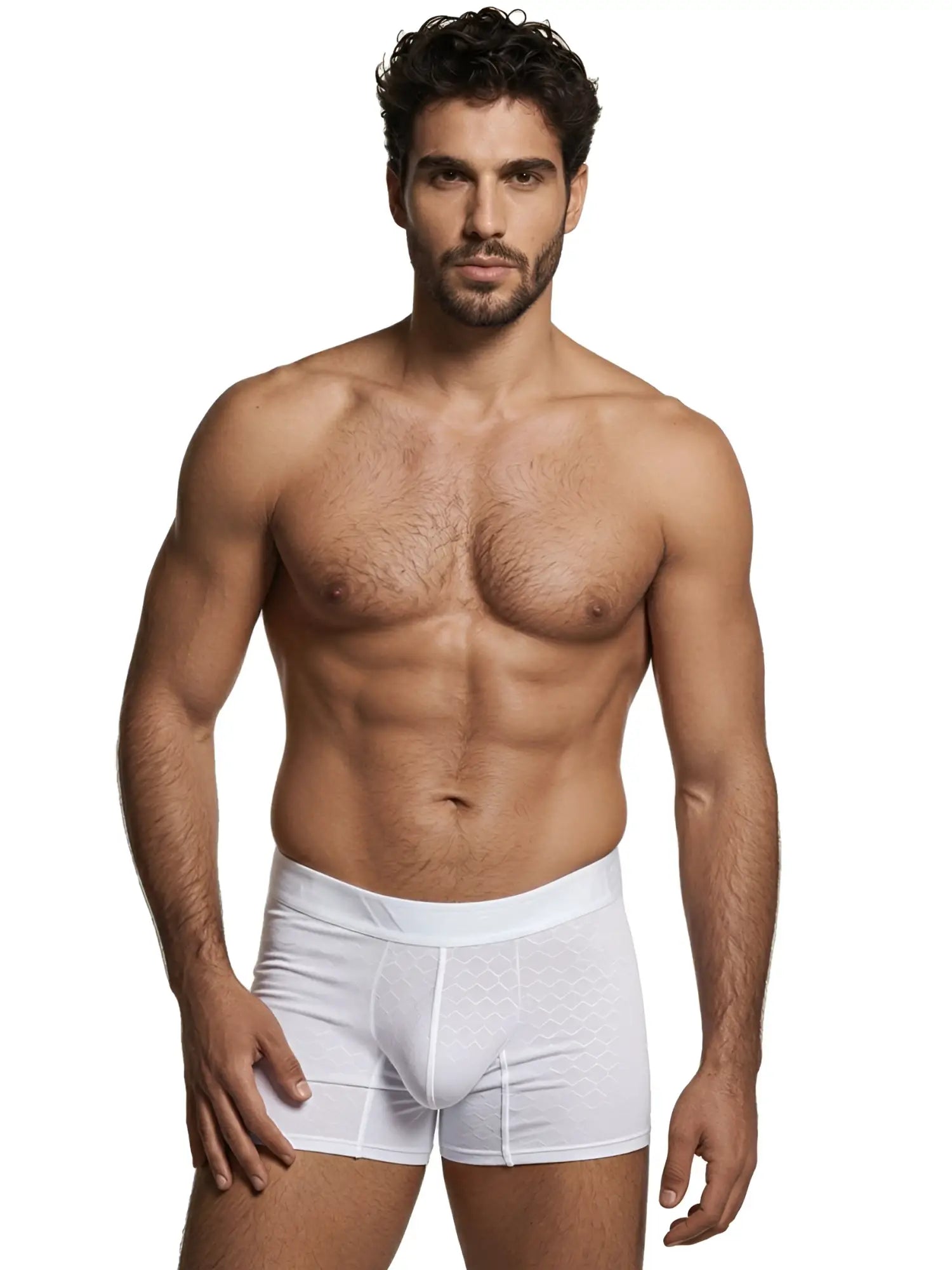 Xtremen white boxer briefs featuring a subtle honeycomb textured pattern, worn by a fit model.