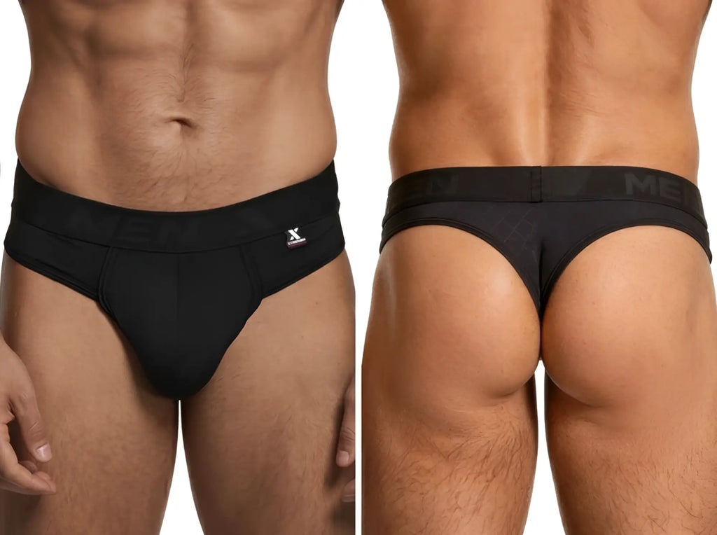Xtremen black thongs with a branded waistband, shown from front and back views on a male model.