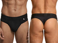 Xtremen black thongs with a branded waistband, shown from front and back views on a male model.