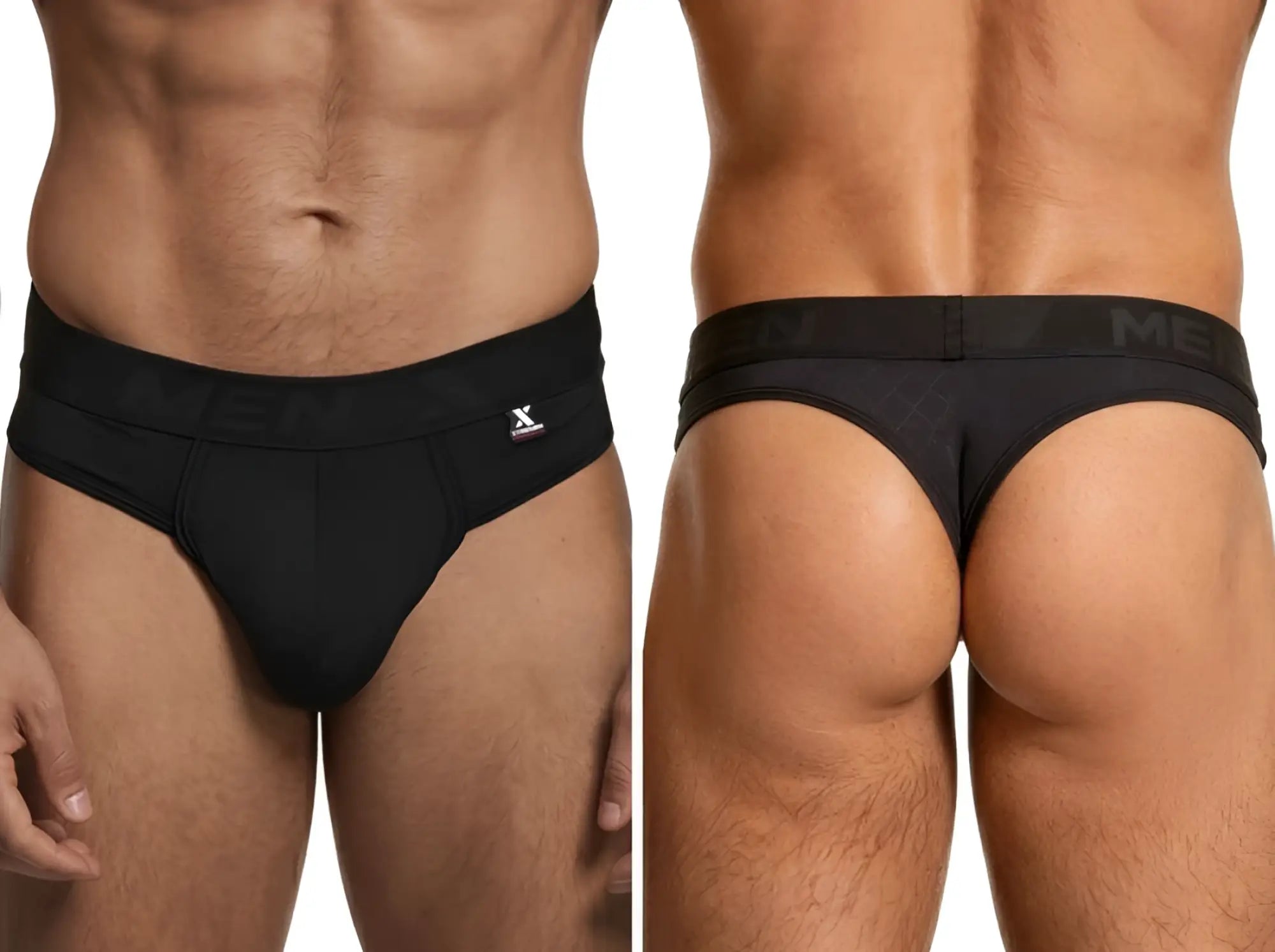 Xtremen black thongs with a branded waistband, shown from front and back views on a male model.