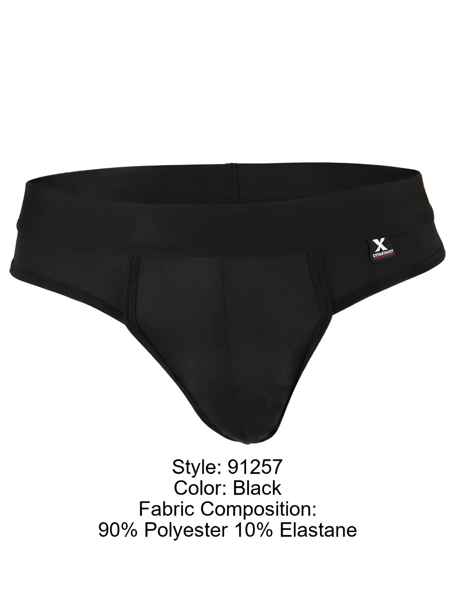 Xtremen black thong underwear with a wide waistband and subtle geometric pattern.