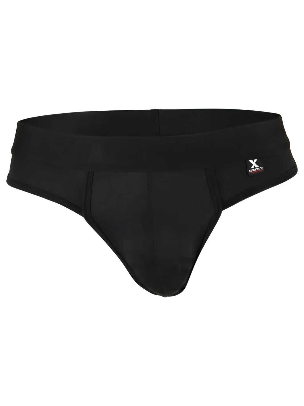 Black Xtremen thong with a subtle honeycomb pattern and branded elastic waistband.
