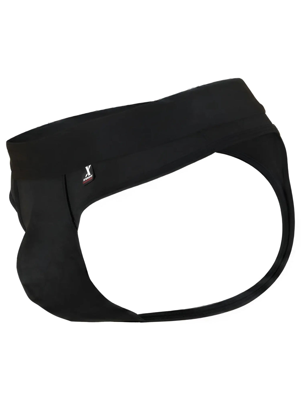 Xtremen black men's thong with wide waistband and brand logo patch.