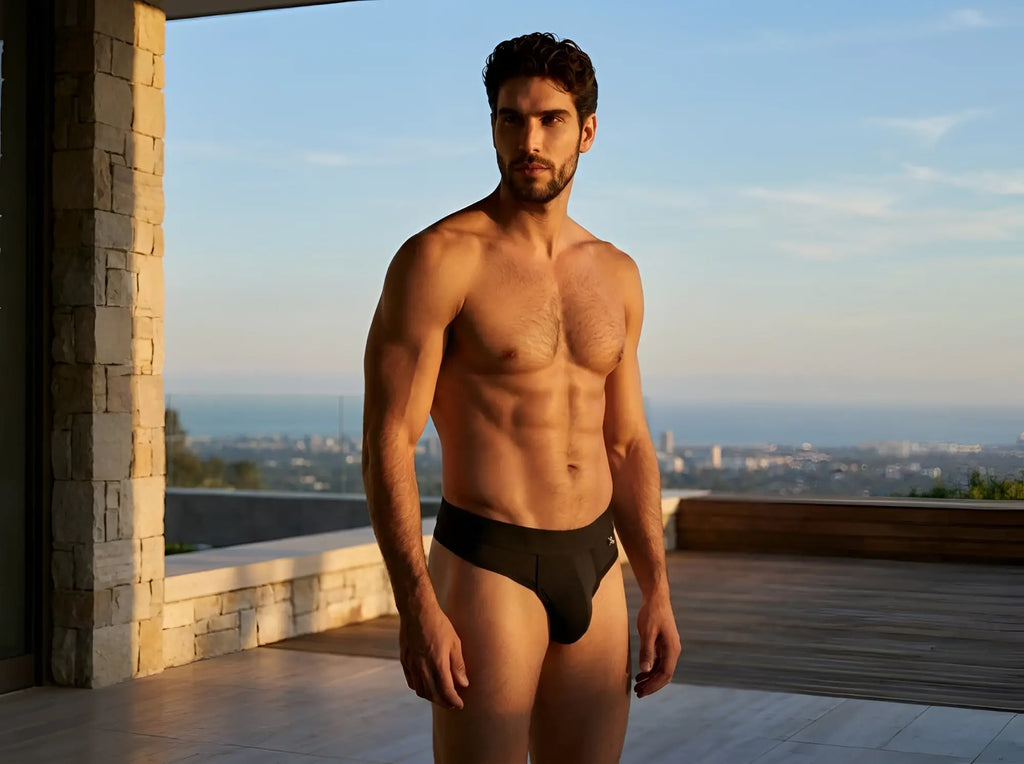 Xtremen men’s black thong worn by a shirtless model on a balcony at sunset.