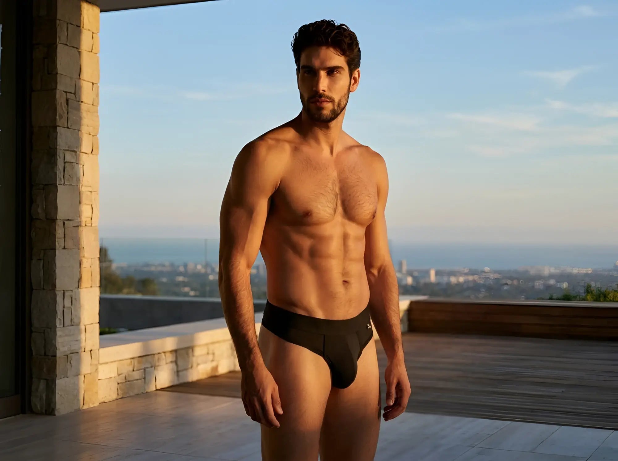 Xtremen men’s black thong worn by a shirtless model on a balcony at sunset.
