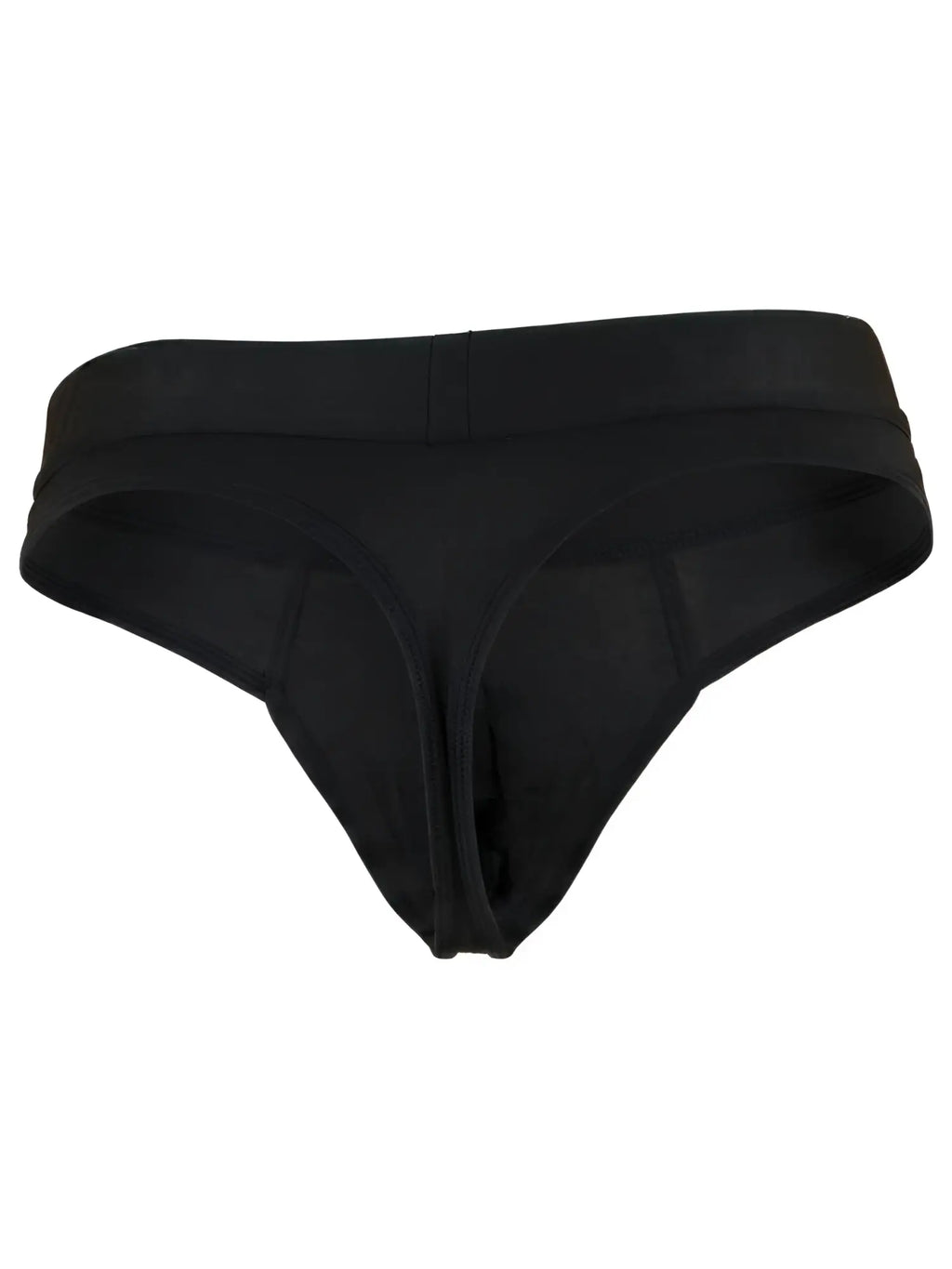 Xtremen black men's thong underwear featuring a wide waistband and detailed stitch construction.