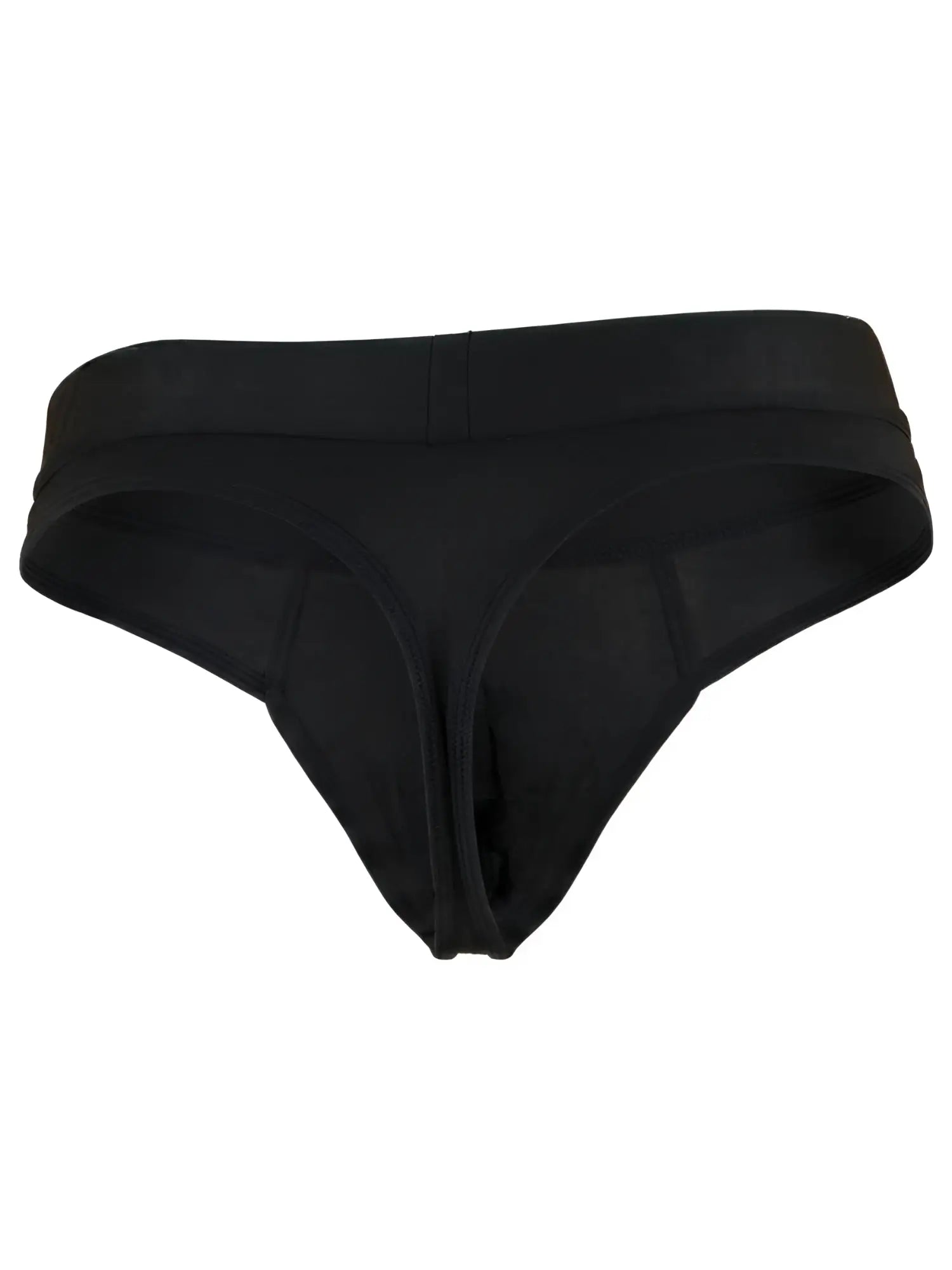 Xtremen black men's thong underwear featuring a wide waistband and detailed stitch construction.