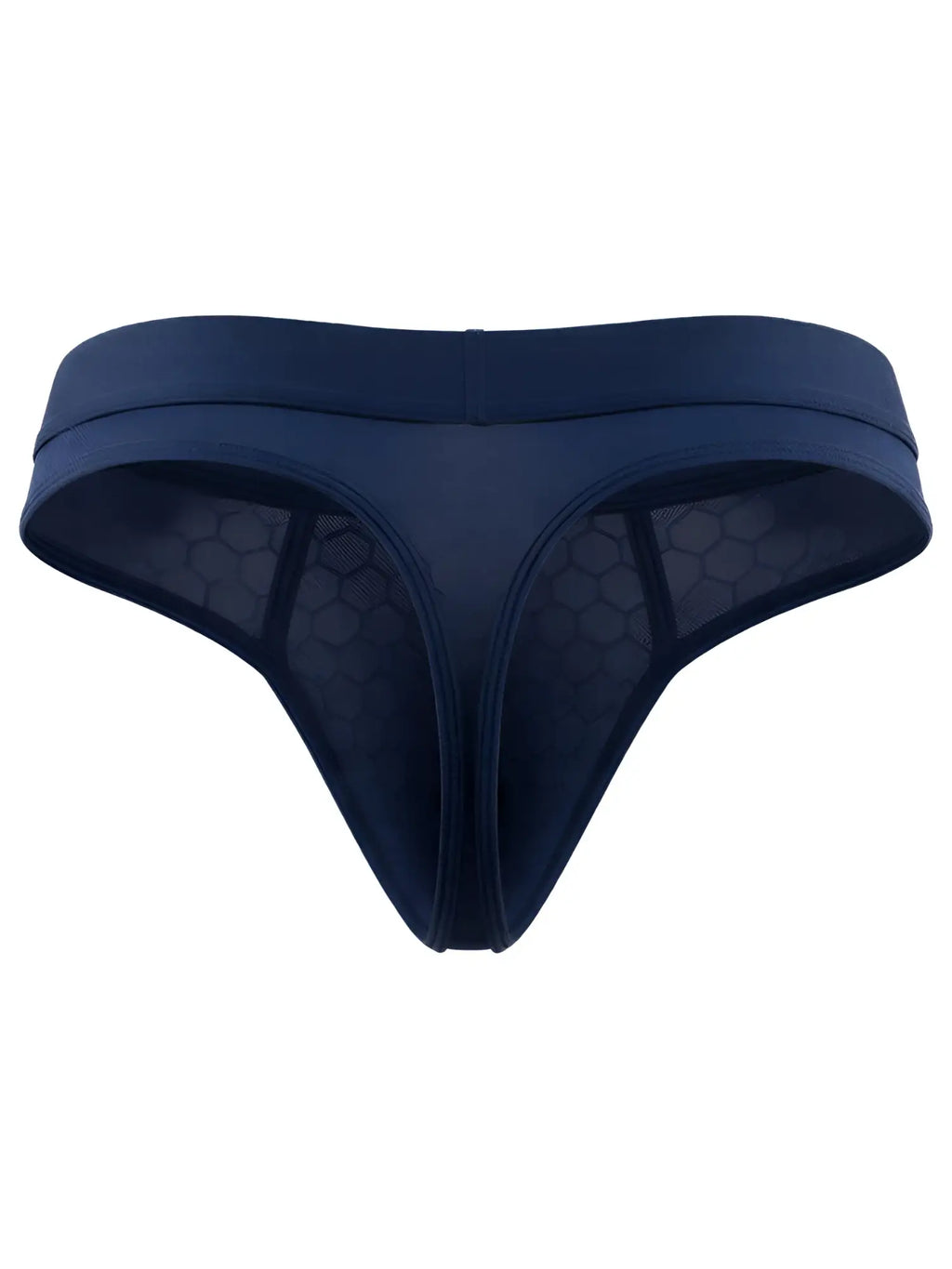 Xtremen men's thong in dark blue with a textured honeycomb mesh pattern.