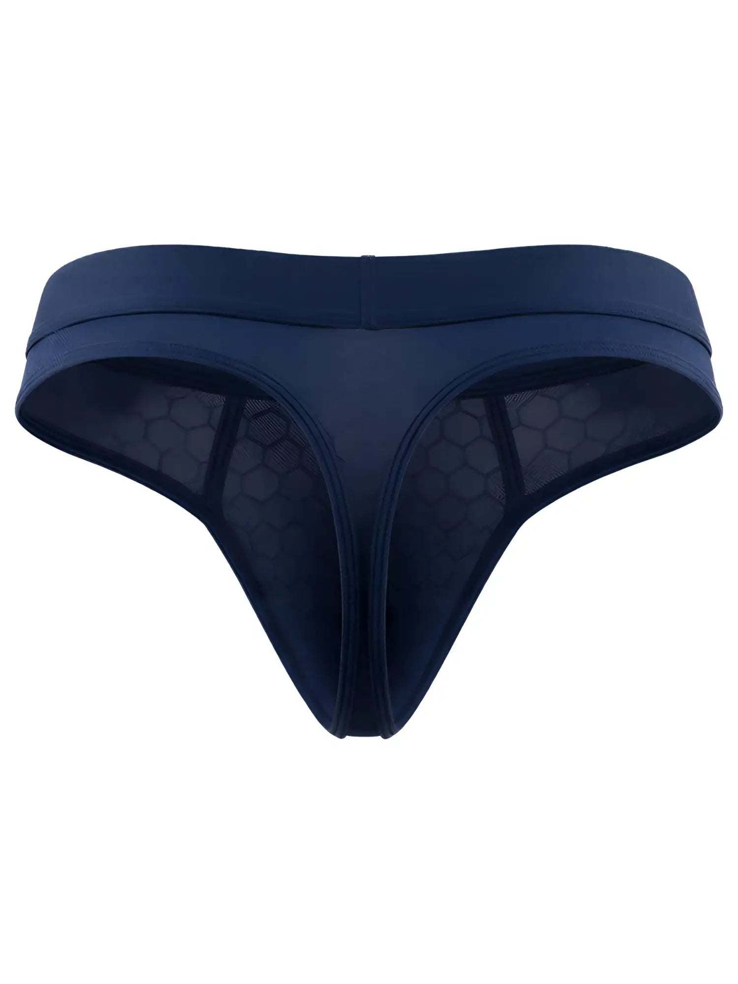 Xtremen men's thong in dark blue with a textured honeycomb mesh pattern.