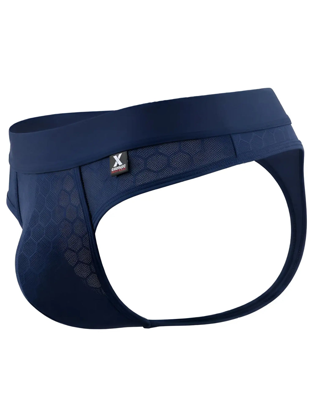 Xtremen navy blue men's thong featuring a honeycomb mesh pattern and branded waist band.