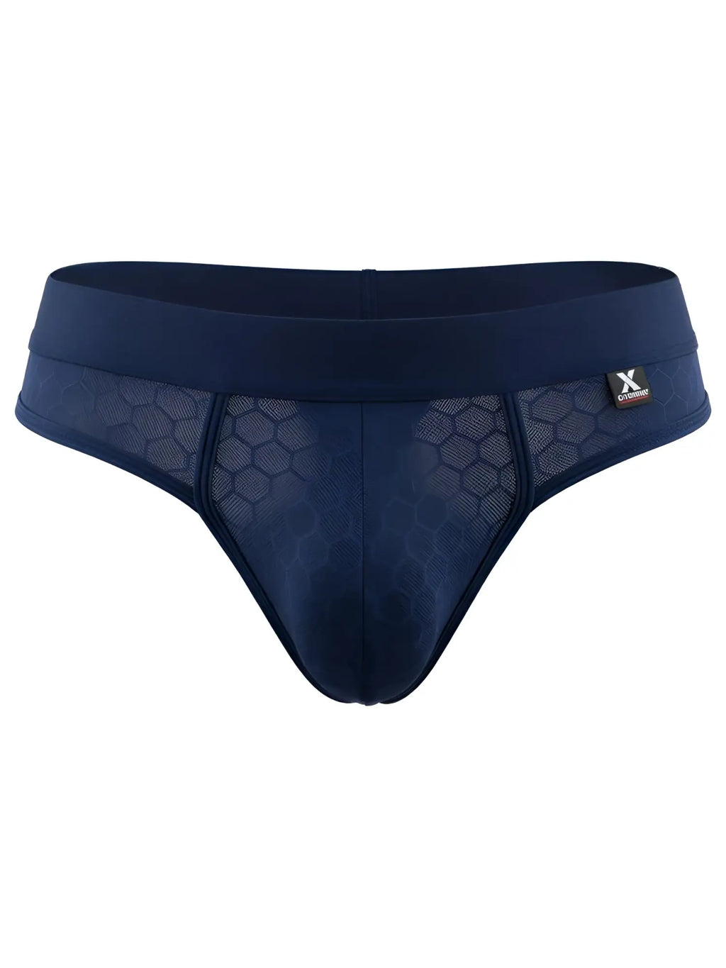 Xtremen men's navy thongs with a semi-sheer honeycomb mesh pattern and branded elastic waistband.