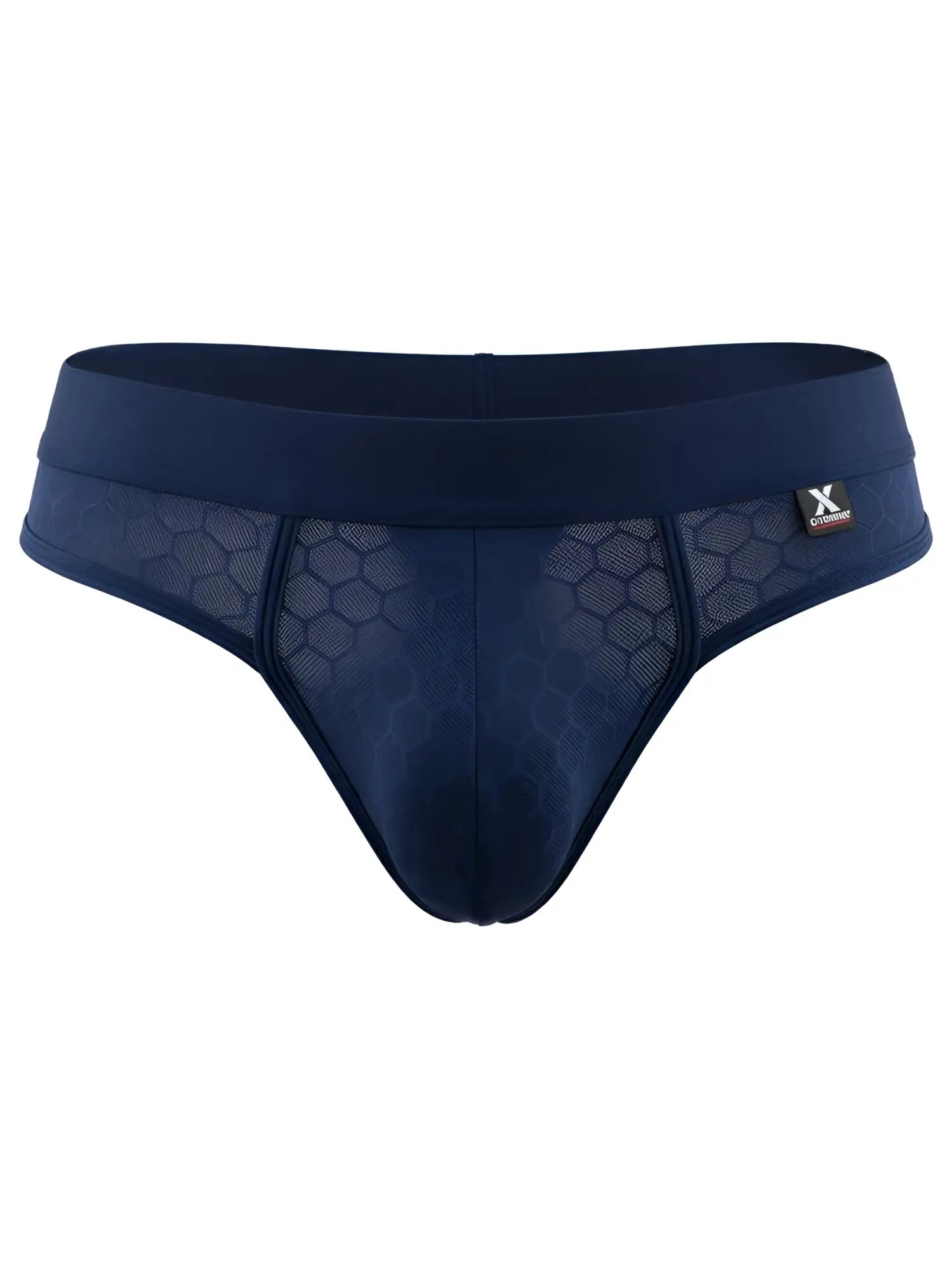 Xtremen men's navy thongs with a semi-sheer honeycomb mesh pattern and branded elastic waistband.