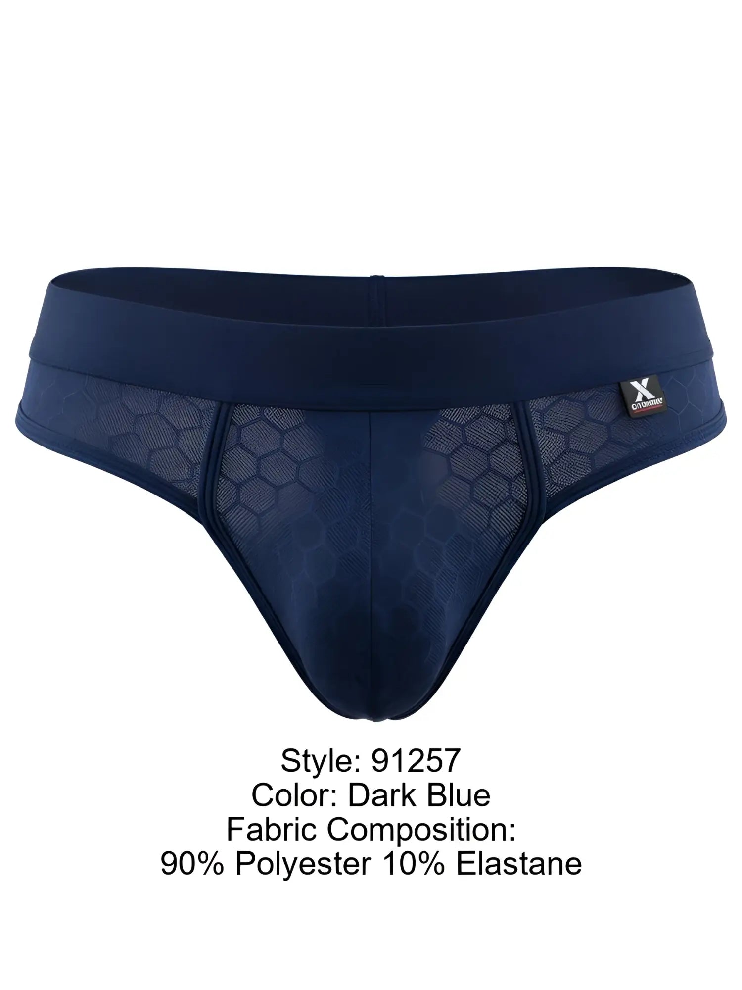 Xtremen men's dark blue thong underwear with a hexagonal honeycomb mesh pattern and branded logo tab.