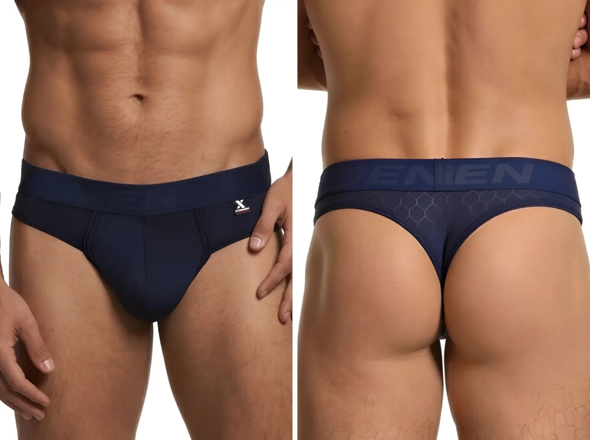 Xtremen men’s navy blue thong featuring a subtle honeycomb pattern and branded elastic waistband.