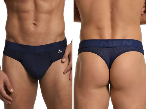Xtremen men’s navy blue thong featuring a subtle honeycomb pattern and branded elastic waistband.