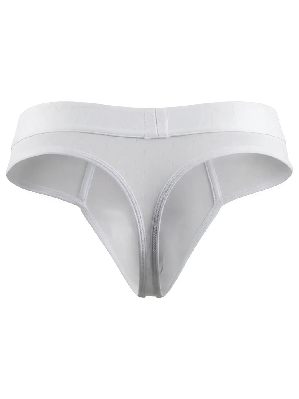 White Xtremen men's thong with a subtle geometric textured pattern and a logo waistband.