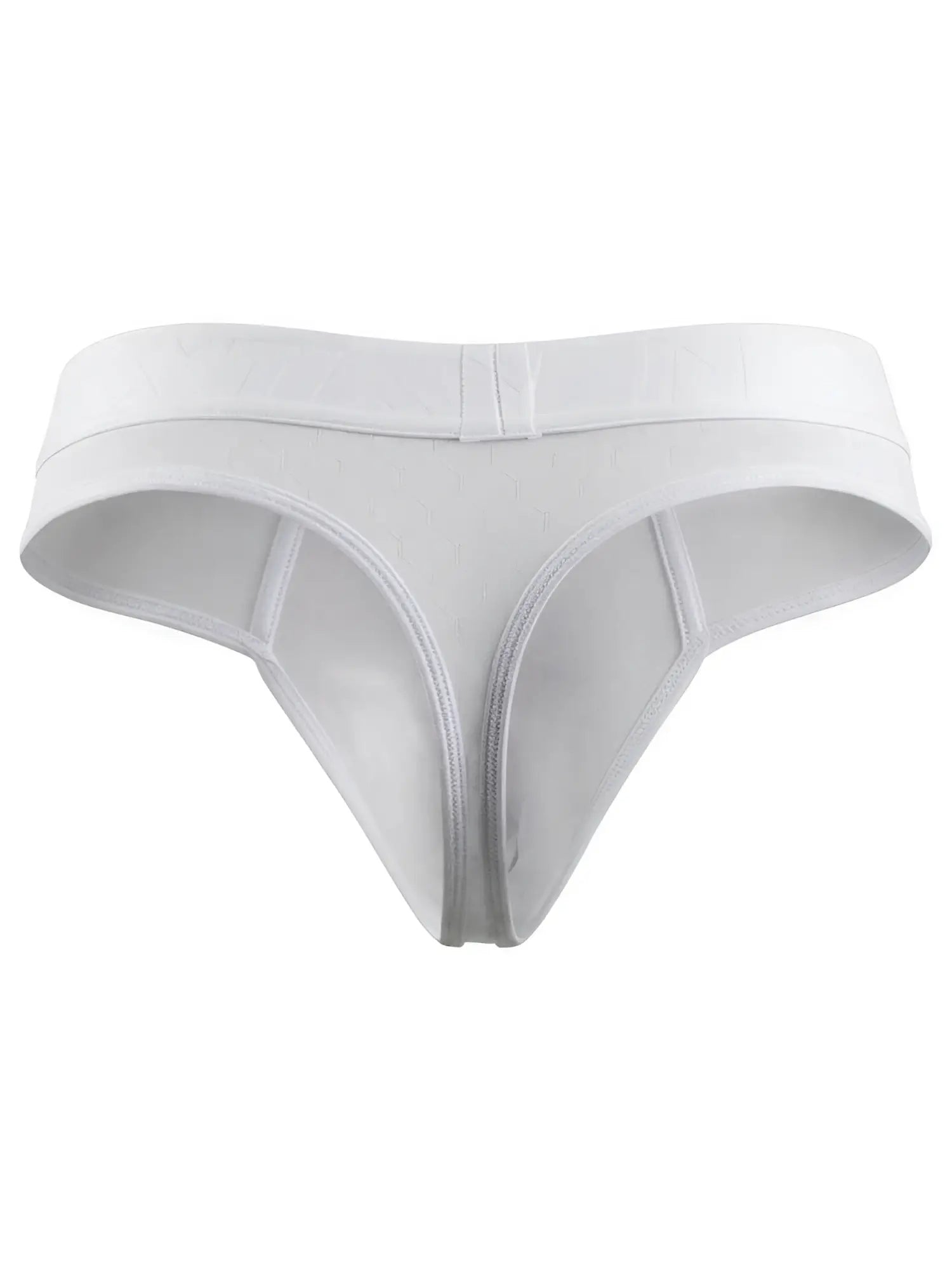 White Xtremen men's thong with a subtle geometric textured pattern and a logo waistband.