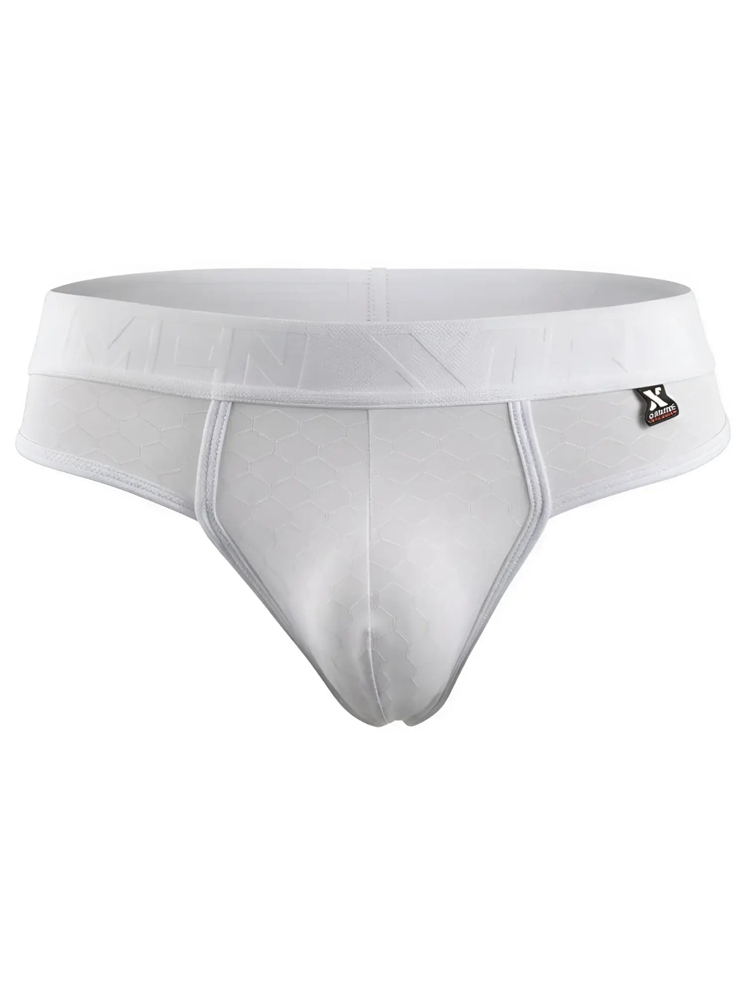 White Xtremen thong with a subtle honeycomb pattern and branded elastic waistband.