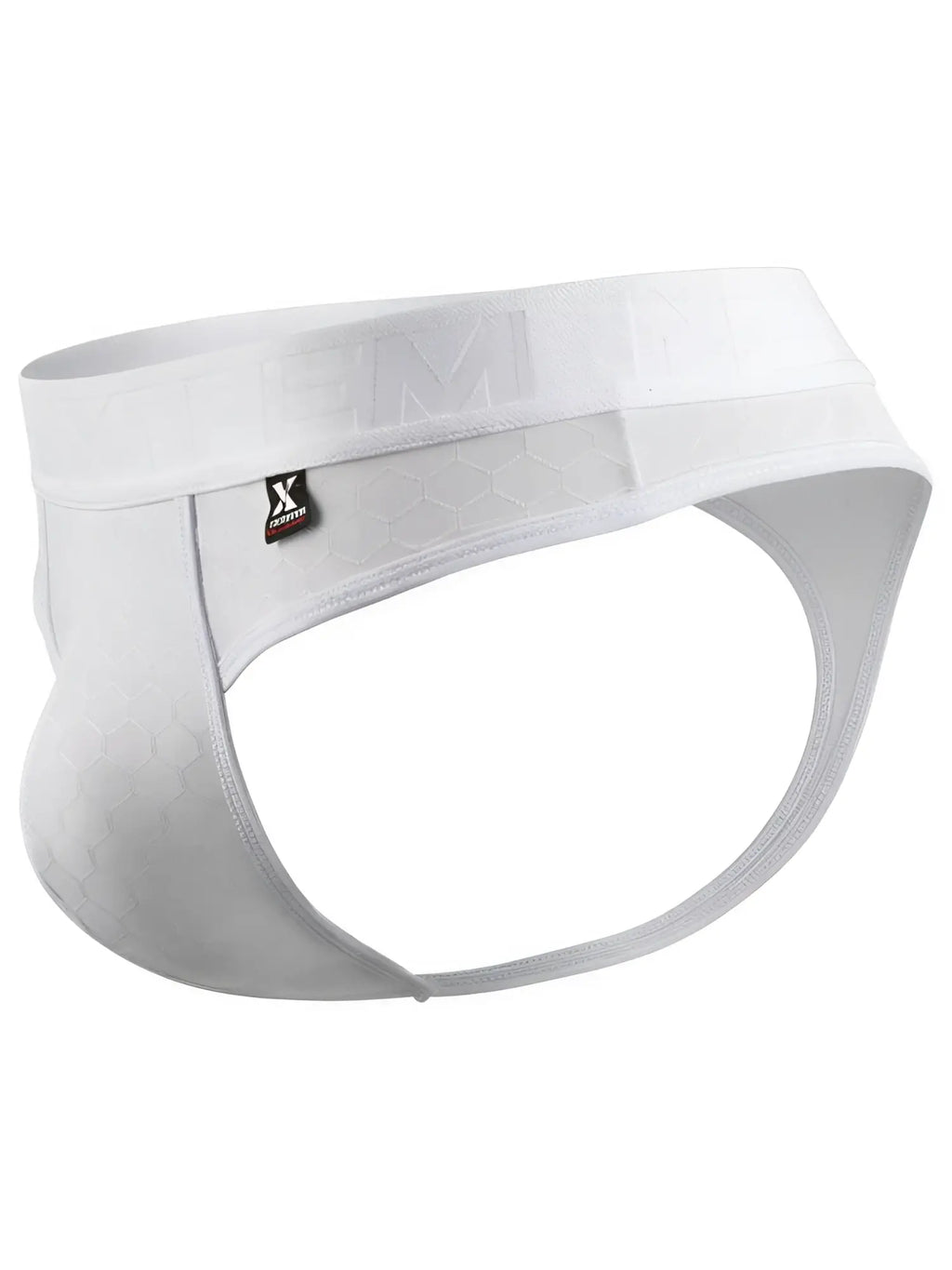 White Xtremen thong with a subtle honeycomb texture and branded elastic waistband.
